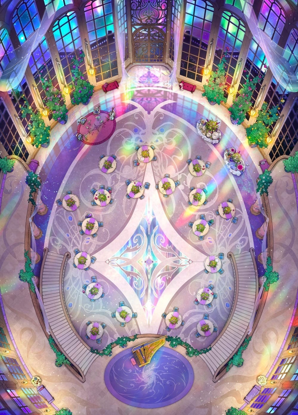 Top-down view of an ornate ballroom with iridescent floors, rows of plush dining tables, and a large open dance space. Large floor-to-ceiling windows reveal an ethereal aurora in the night sky.