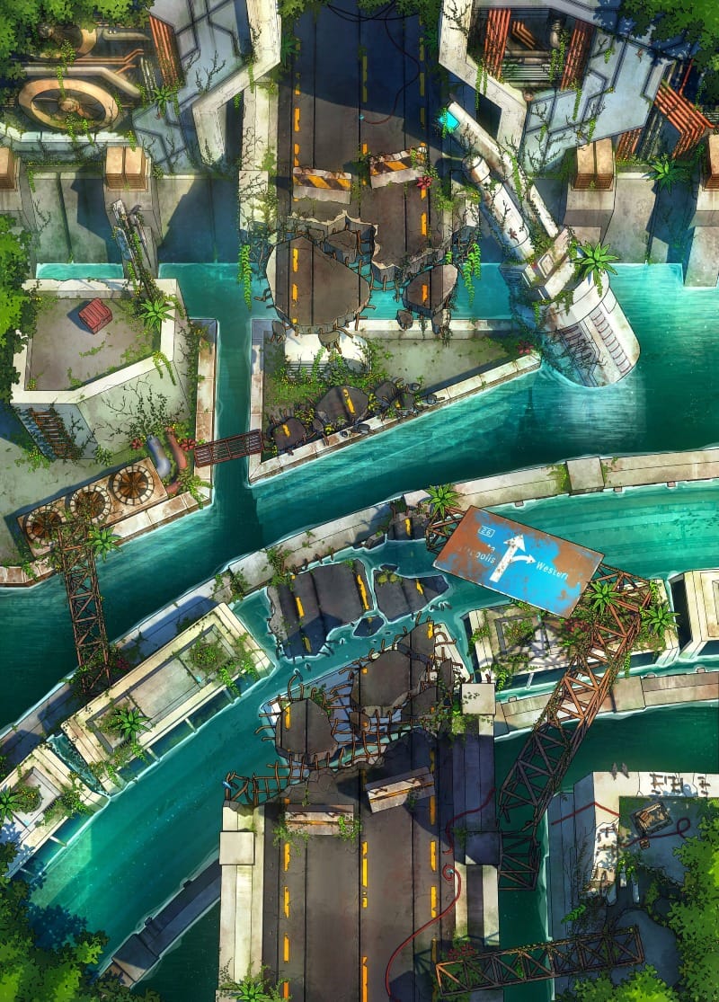 Top-down view of a ruined modern city overtaken by nature, with submerged streets, crumbling roads, and fallen signs and railings forming makeshift paths through the overgrown ruins
