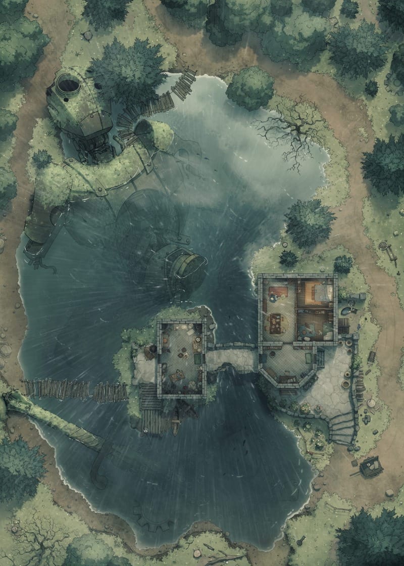 A small lake with a giant rusted warforged robot partially submerged beside a small furnished building.