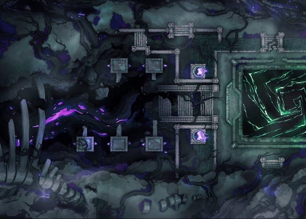 A deep ravine glowing with violet light, with ruined structures and a mysterious pyramid structure at its bottom.