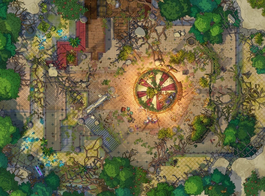 Top-down view of a ruined shopping mall reclaimed by nature, with collapsed floors, heavy overgrowth, and a forlorn carousel buried among rubble and roots.
