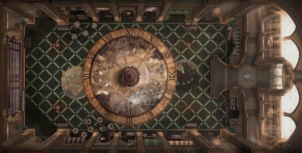 A grand train station concourse full of shopfronts, dominated by a large bronze clock with Roman numerals. Its face is cracked.