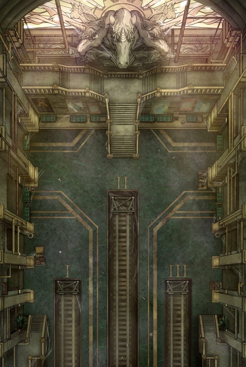 A large, misty abandoned steampunk train station platform with multiple rail tracks. Three unicorn-head statues watch over the platform.