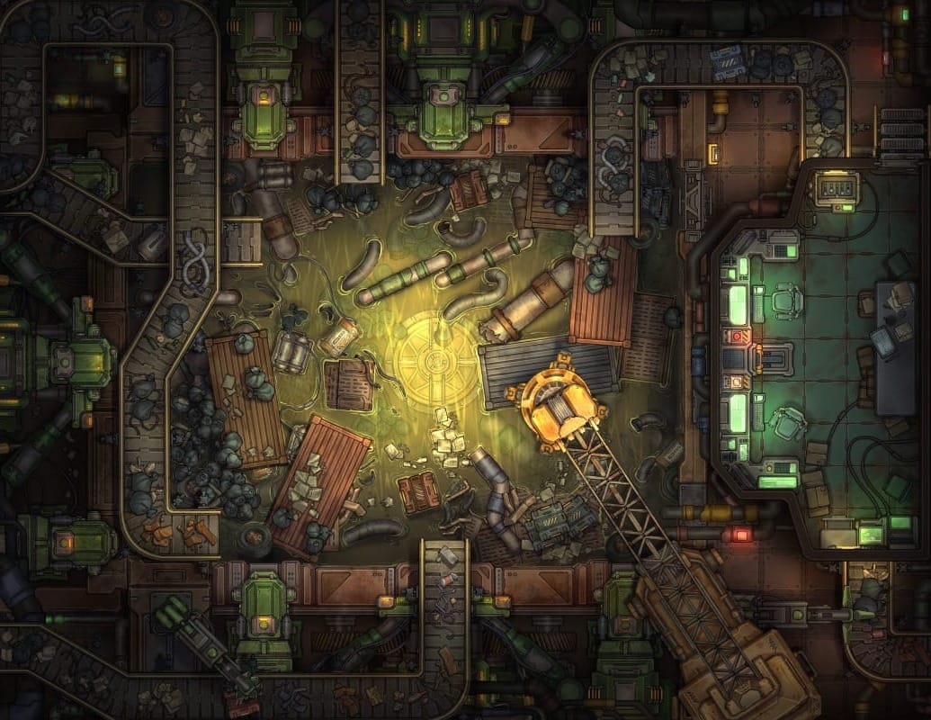 Top-down view of an industrial trash compactor facility with multiple conveyor belts dumping scrap into a central crushing pit.