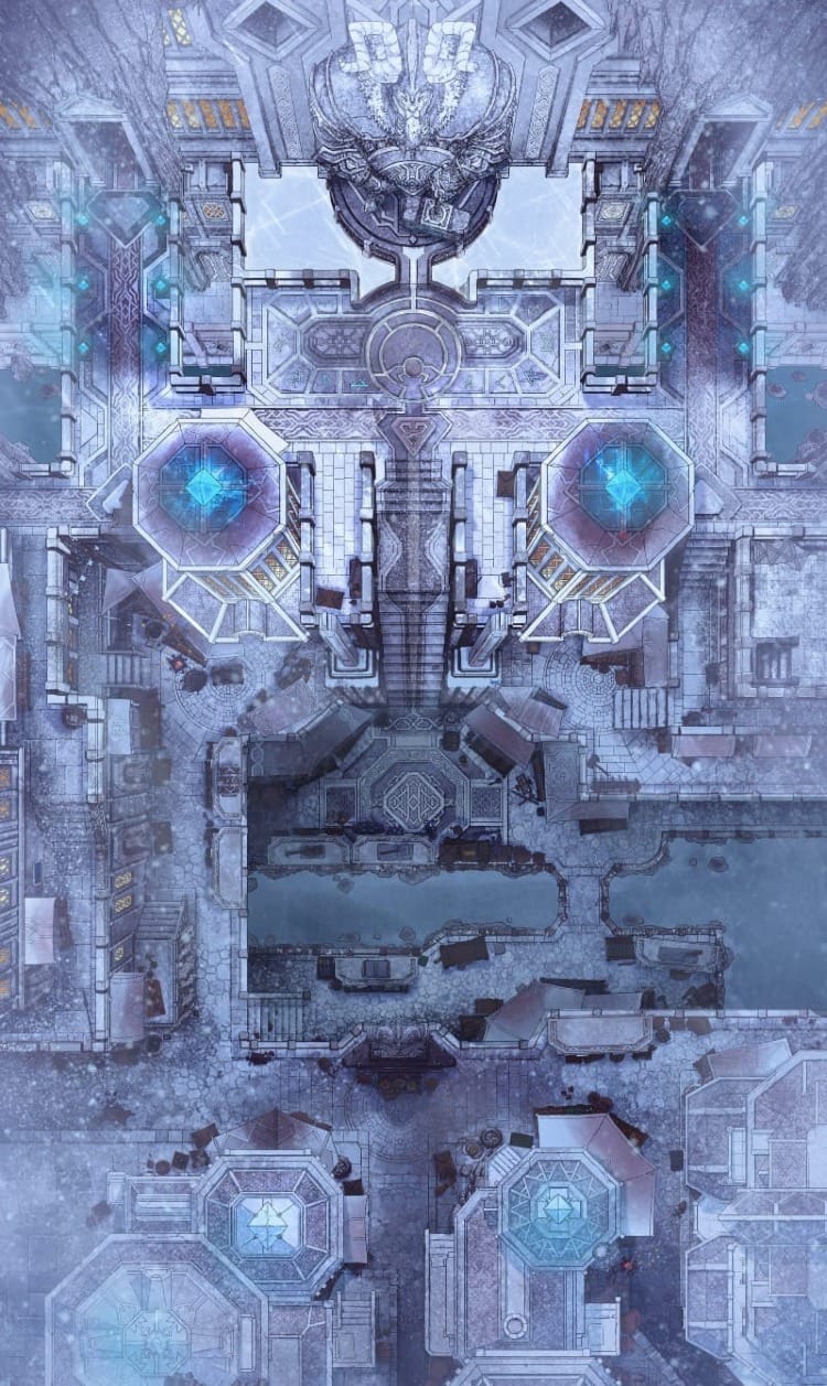 Top-down view of a vast underground dwarven city carved from stone, layered with buildings and bridges. An icy river runs through the lowest level beneath snow-dusted stone structures.