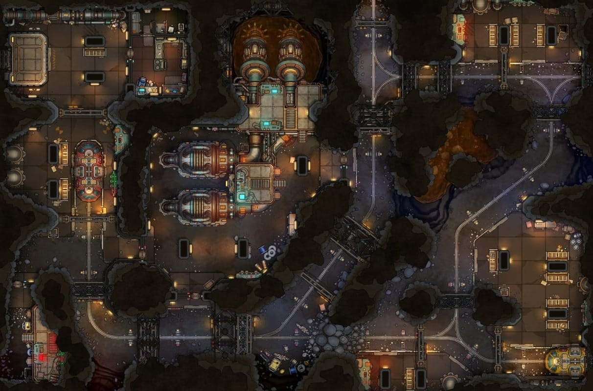 Top-down view of winding underground tunnels with a rail-line built into it. Signal lights and grates hang over the tracks, and several caverns are filled with industrial machinery like turbines.