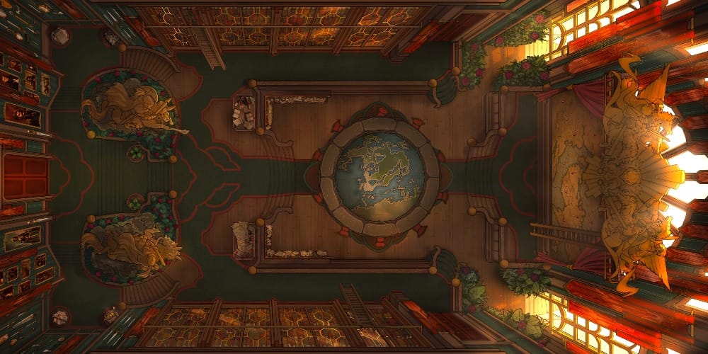 Top-down view of a formal war chamber with a large central strategy table and an atlas displayed on one wall. Regal decor frames several tall shelves full of scrolls.