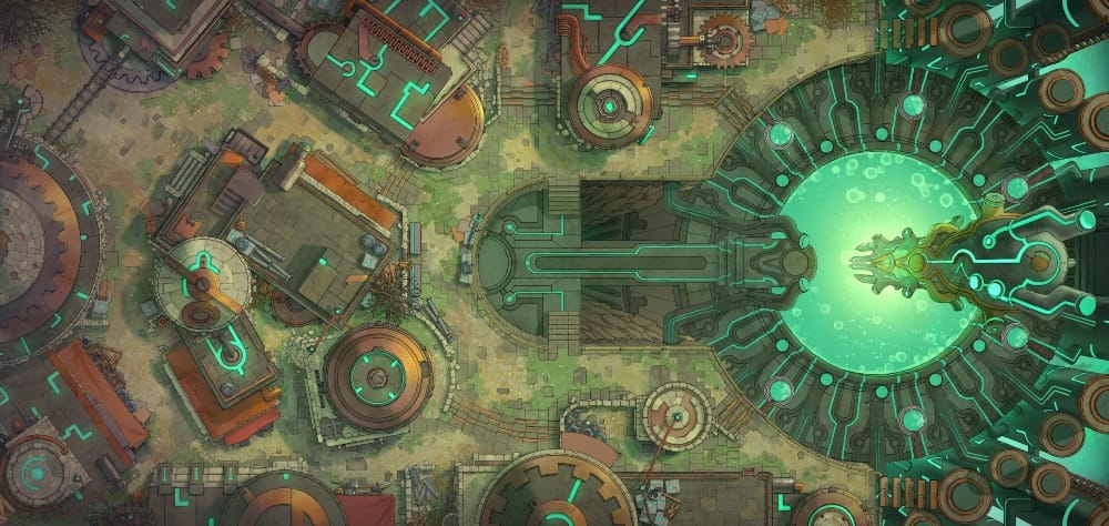 Top-down view of a metallic industrial city center with glowing wireframes and metal pipes connecting into a glowing core.
