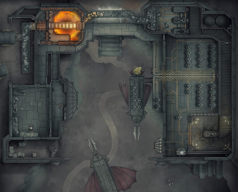 A gloomy industrial factory filled with conveyor belts, workstations, rows of warforged constructs, and a blazing forge.