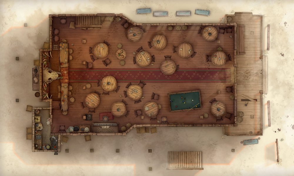 Top-down view of a multi-level wild west saloon with a large taproom full of circular wooden tables and a pool table. A large carnivorous skull is mounted above the bar counter.
