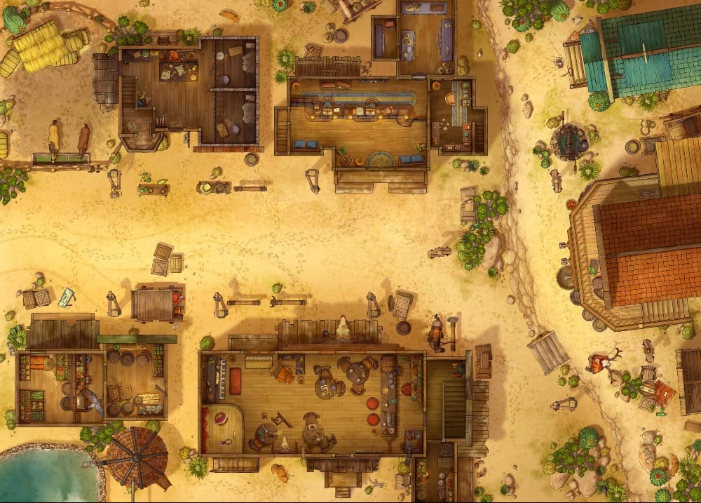 Top-down view of a small desert town filled with wooden buildings, including a saloon, inn, and general store. Cacti, crates, and penned animals line the streets.