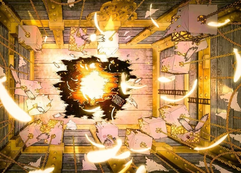Top-down battlemap of a radiant, celestial prison room. Golden glowing feathers fill the air, and several cages hang from the ceiling with golden chains. A hole in the floor reveals bright glowing light and a starry void.