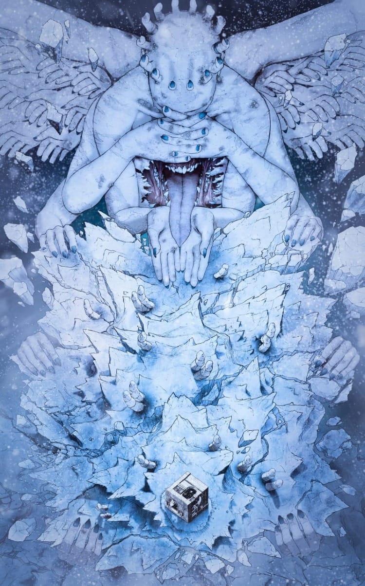 Top-down view of a floating spiked island suspended by massive grasping hands. A towering many-limbed creature—with wings of hands, a crown of fingers, and a maw in its chest—looms over the warped battlefield.