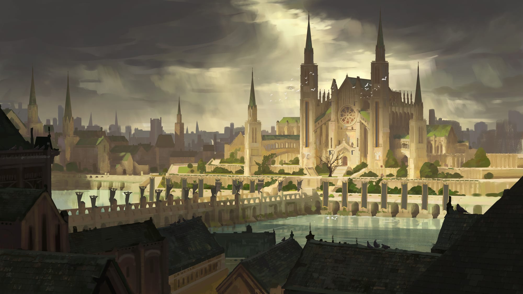 A magnificent white cathedral, seen from across a river. The cathedral comprises tall spired towers and a vast courtyard filled with trimmed greenery.
