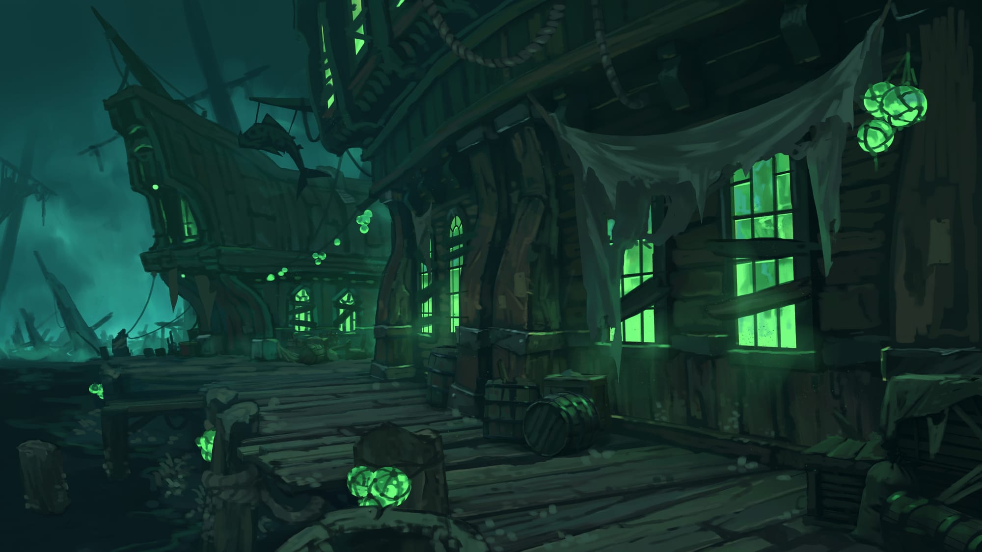Exterior illustration of a fog-shrouded dockside tavern with glowing green windows. A distant galleon looms in the heavy mist.