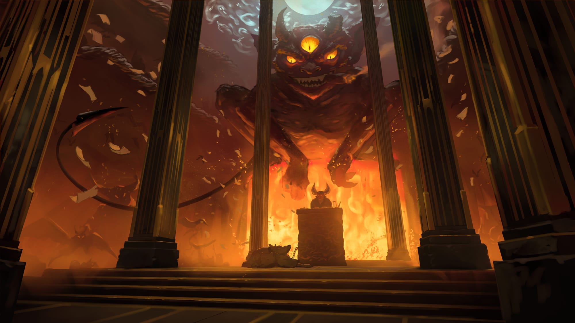 A towering infernal office framed by black columns and orange firelight. A colossal demonic figure looms behind a desk.