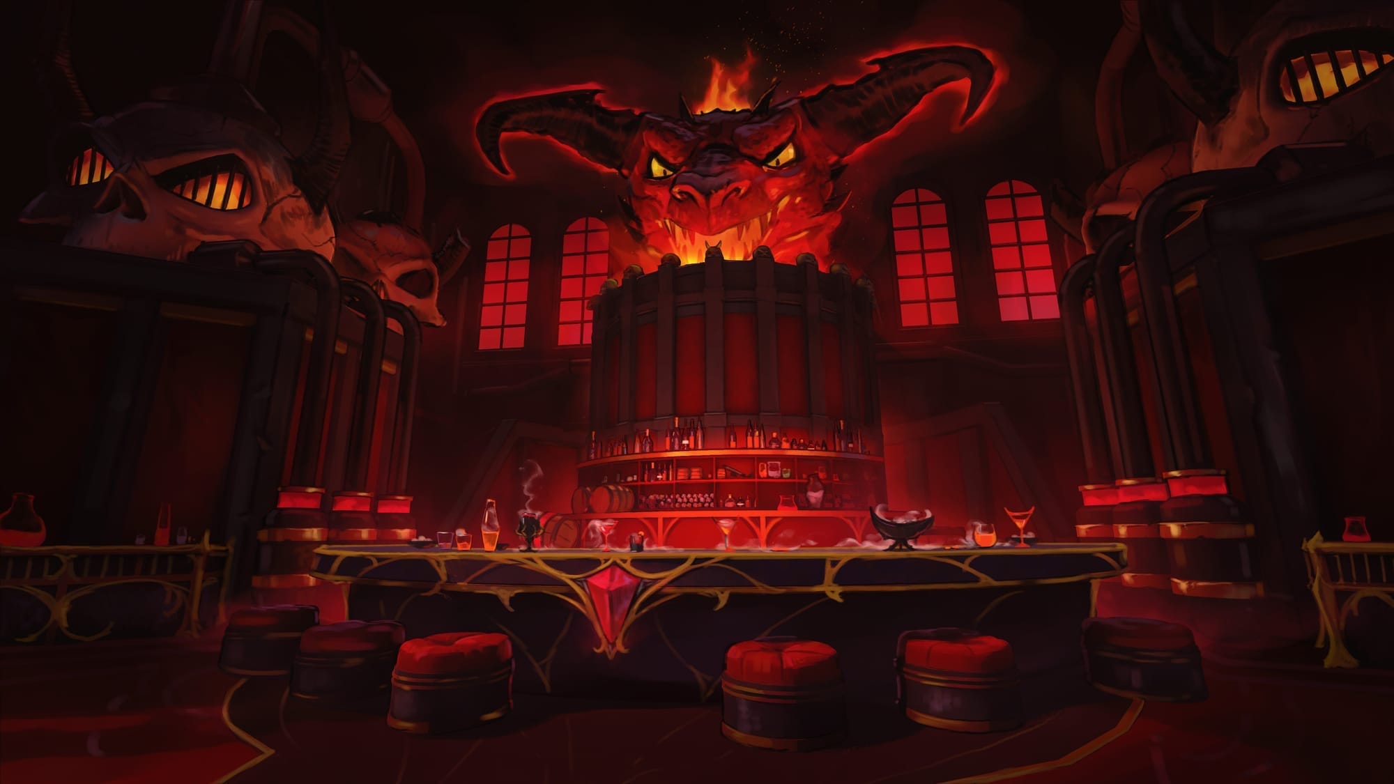 Close-up illustration of a black marble bar with gold trim and plush red cushioned seats. A massive devil’s head looms over the colorful, glowing drinks.
