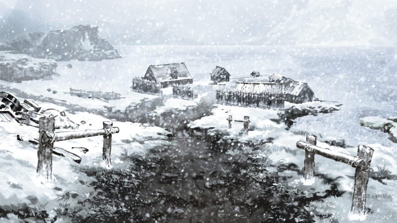 A view down a snowy village path during a blizzard, looking toward a frozen lakeshore lined with huts, palisades, and docks.