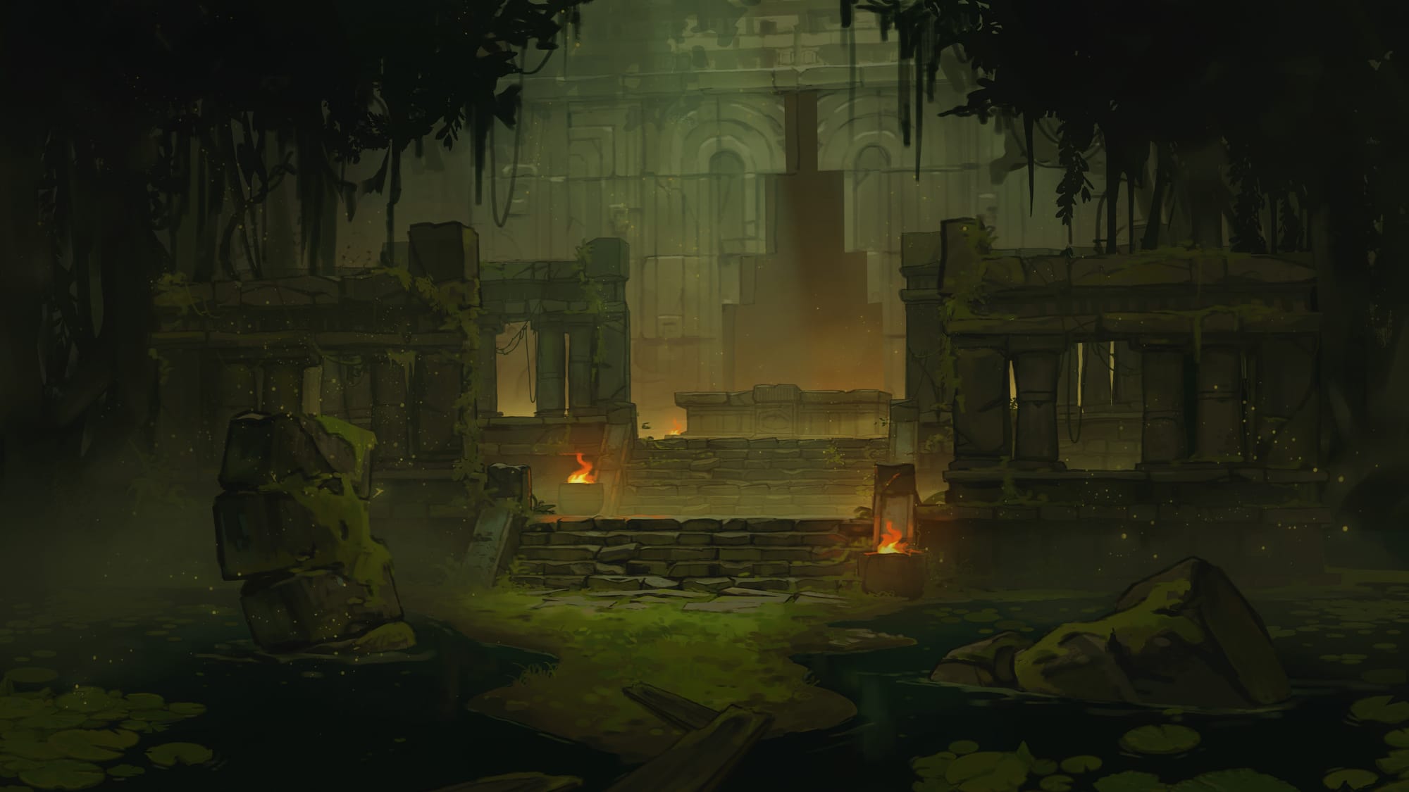 Illustrated scene of a ruined jungle temple, with mossy stone stairs leading out of dark swamp-water to a stone altar and sealed stone entrance.