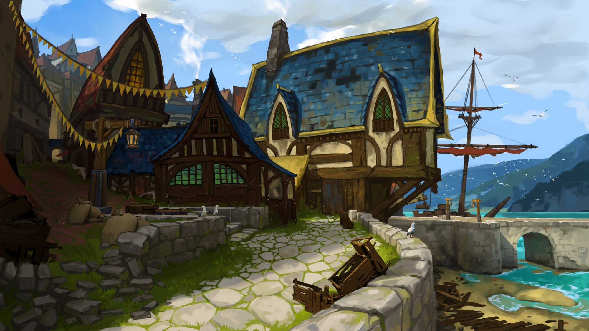 A cramped dockside neighborhood with old houses and dilapidated walls. Ship masts rise in the distance.