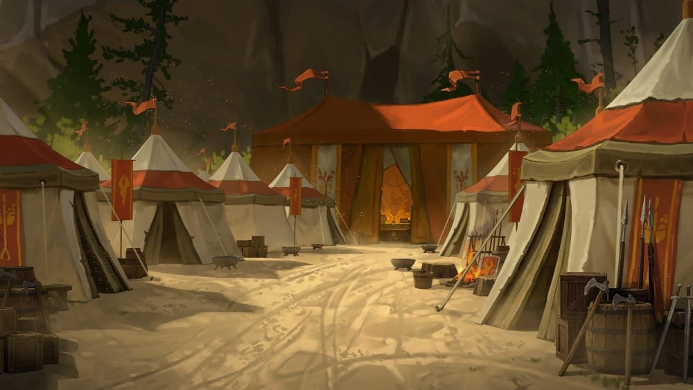 A military camp of canvas tents and red banners in neat rows. A large command tent is in the background at the camp’s center.