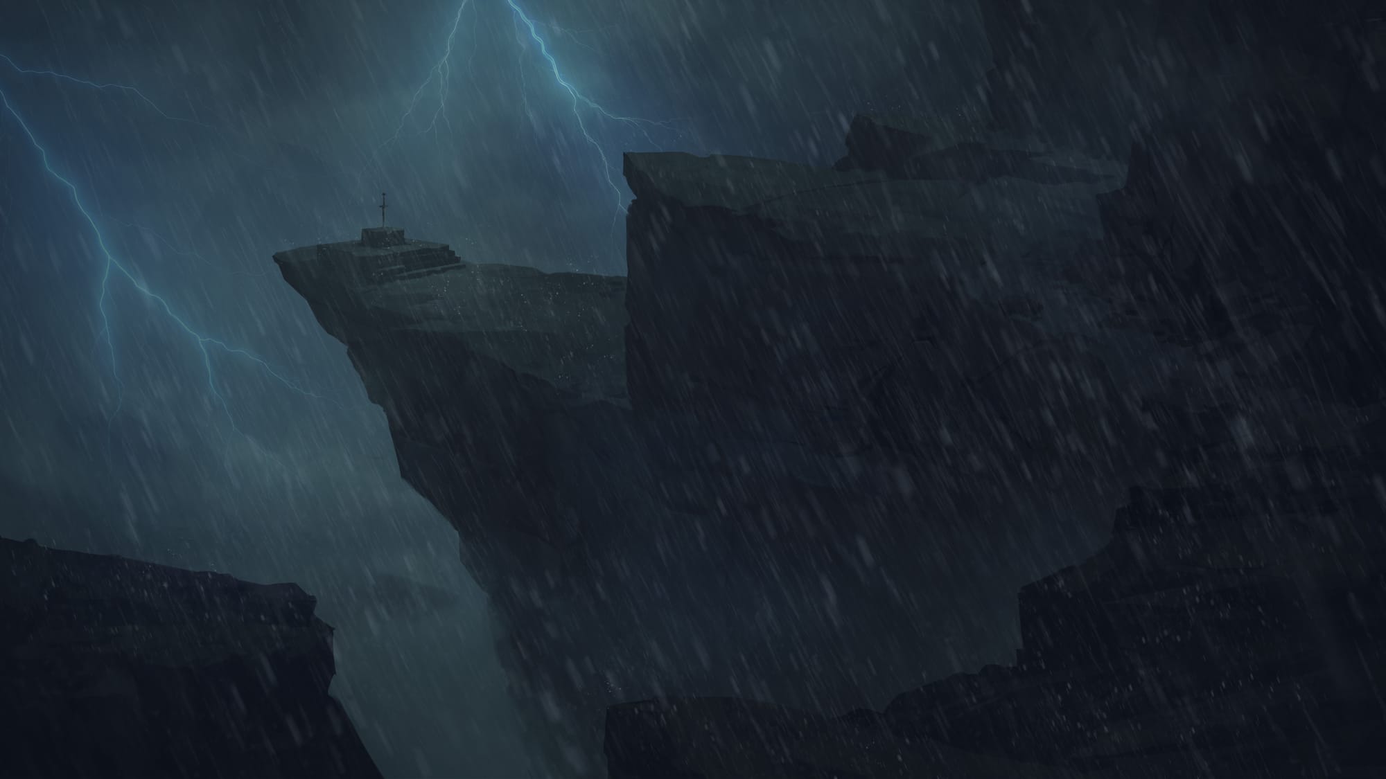 A distant view of a rain-soaked clifftop beneath dark storm clouds, with lightning flashing behind the high stone outcrop.