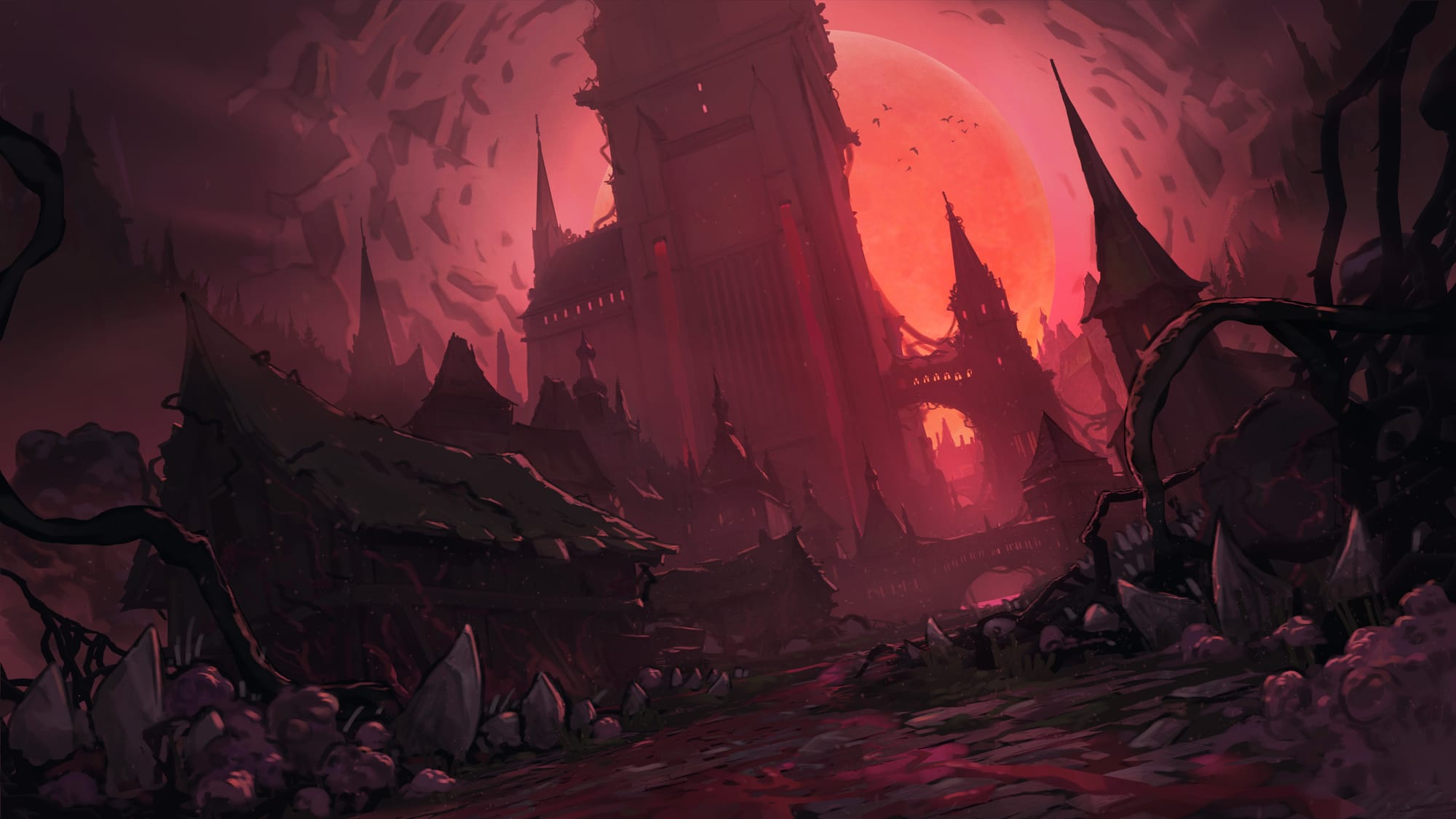A ruined nightmare landscape under a blood-red moon, with broken gothic towers amidst twisted roots, and a bloody path leading into a towering fortress.