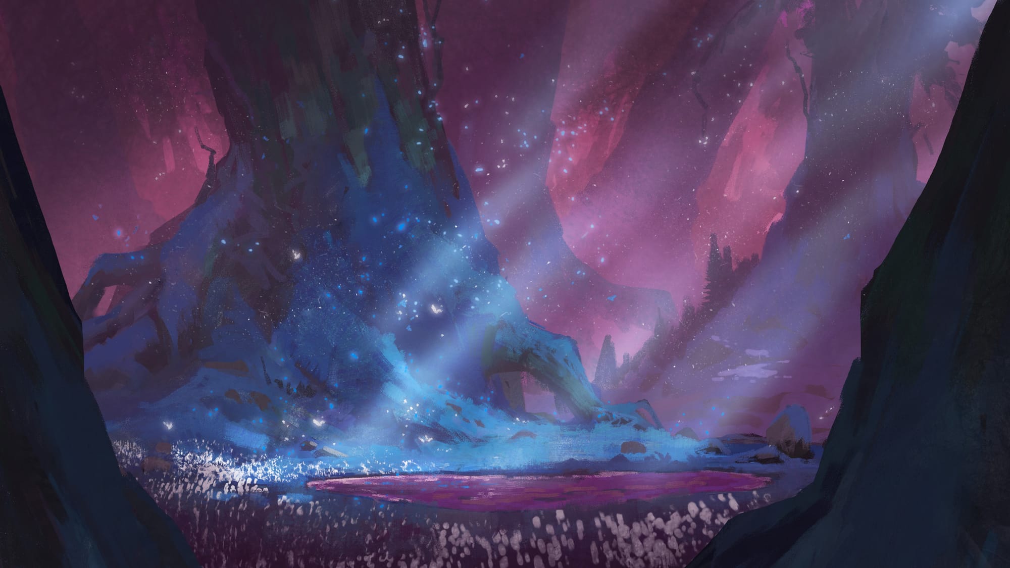Huge glowing trees rise over an ethereal forest lit in pink tones, with a bright pink pool at the center.