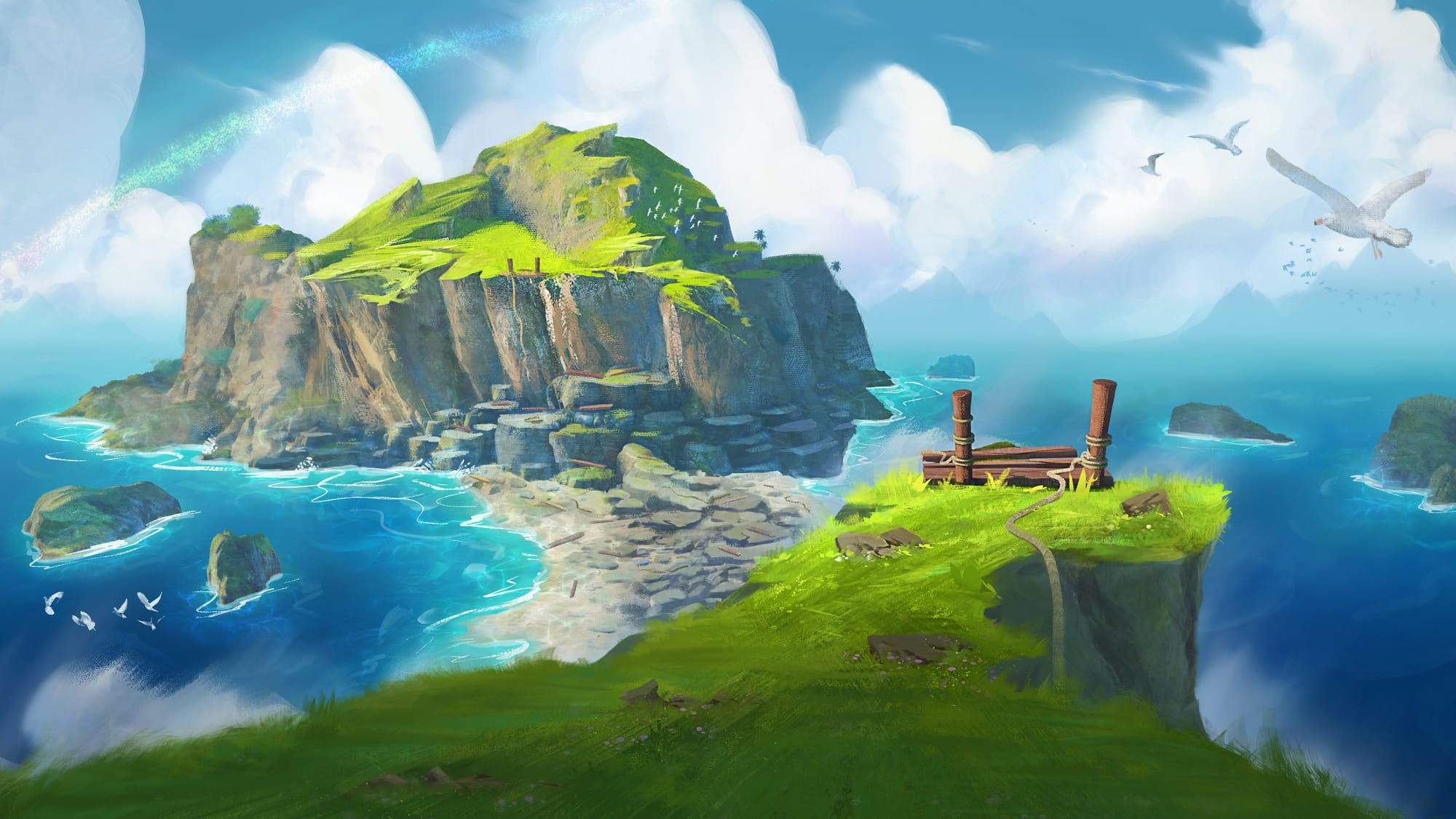 A windswept coastal landscape with steep sea cliffs, bright blue water, and a broken rope bridge scattered between two rocky headlands.