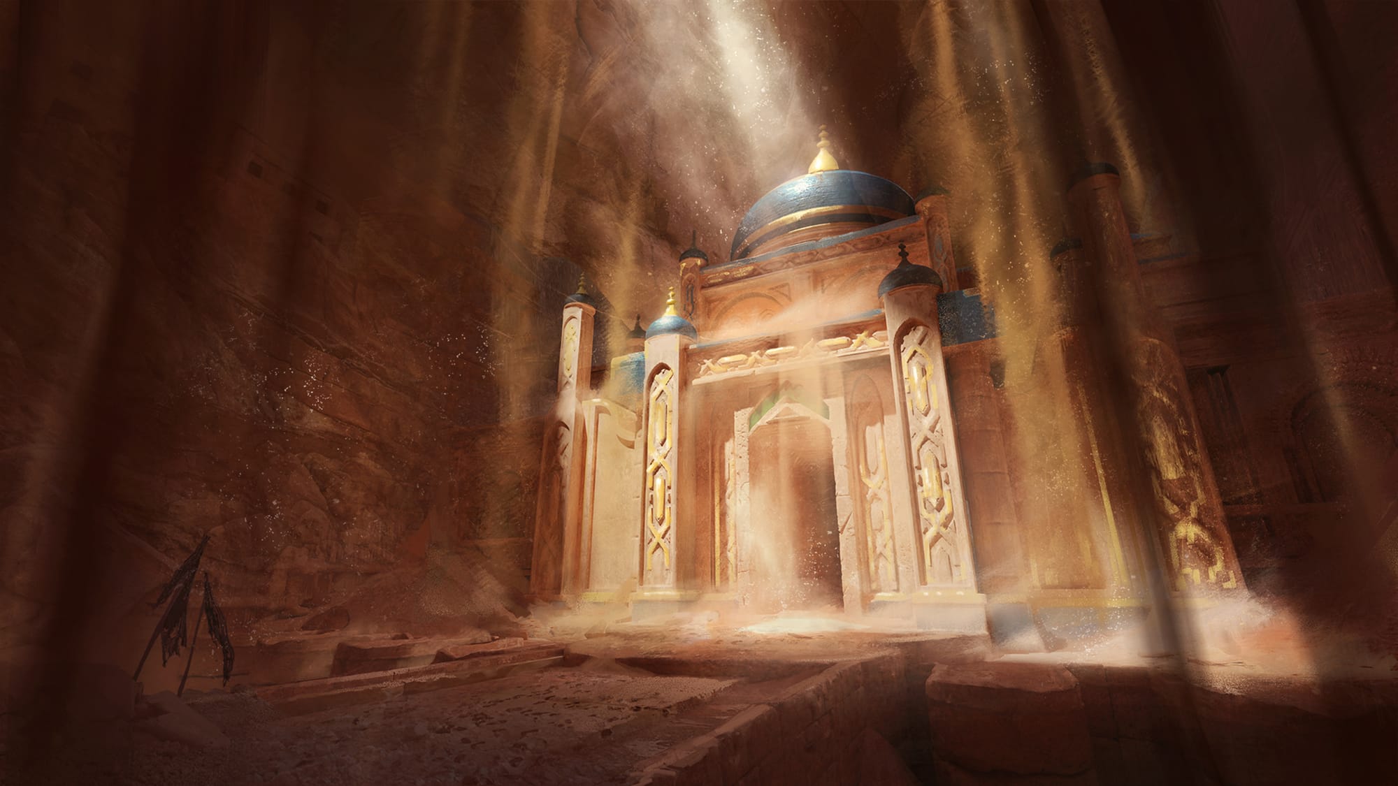 Illustrated scene of an underground desert tomb chamber, with shafts of dusty golden light breaking through gaps in the cavern ceiling and illuminating a domed temple below.