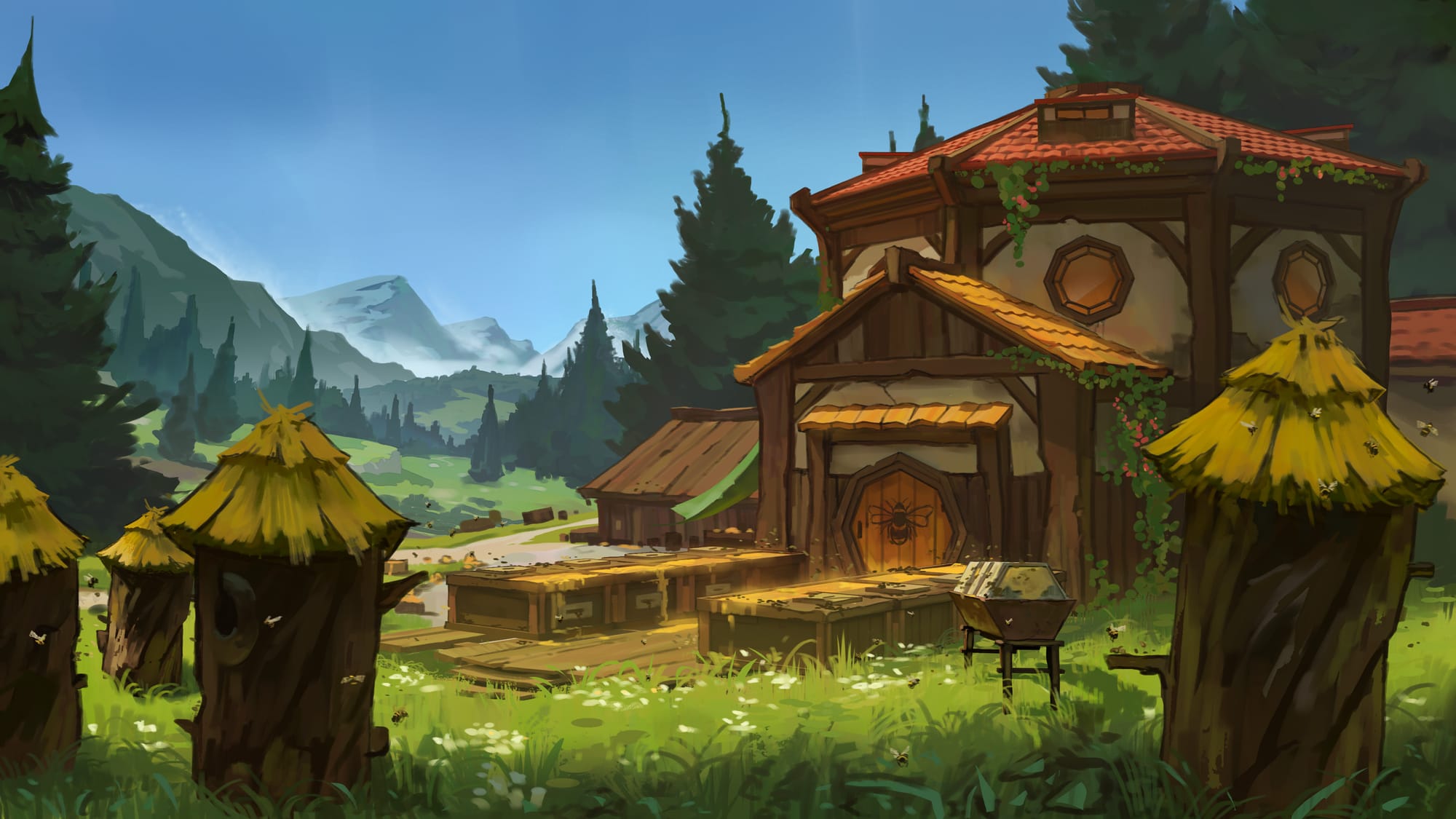 A peaceful apiary beside a farmhouse, with beehives in the foreground, and green fields and mountains in the far distance.