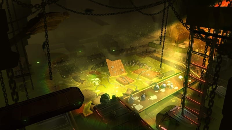 Close-up view of the central pit, filled with bubbling green liquid and heaps of trash and scrap.
