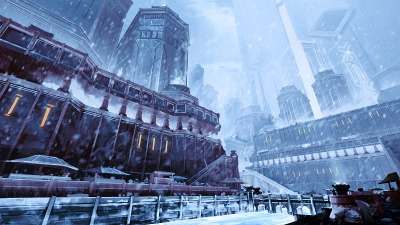 View from the lower level of a frozen dwarven city, looking up past towering dark stone buildings. An icy river flows nearby