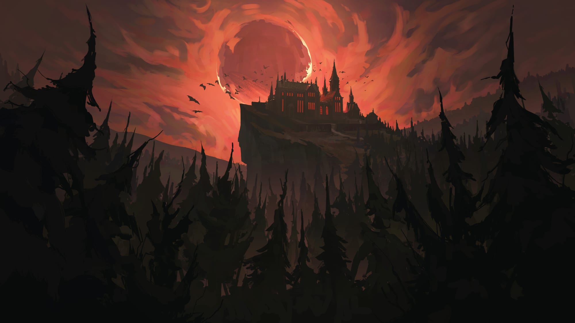 A gothic castle perched atop a forested cliff as a crimson moon rises behind it, bathing the landscape in red light.