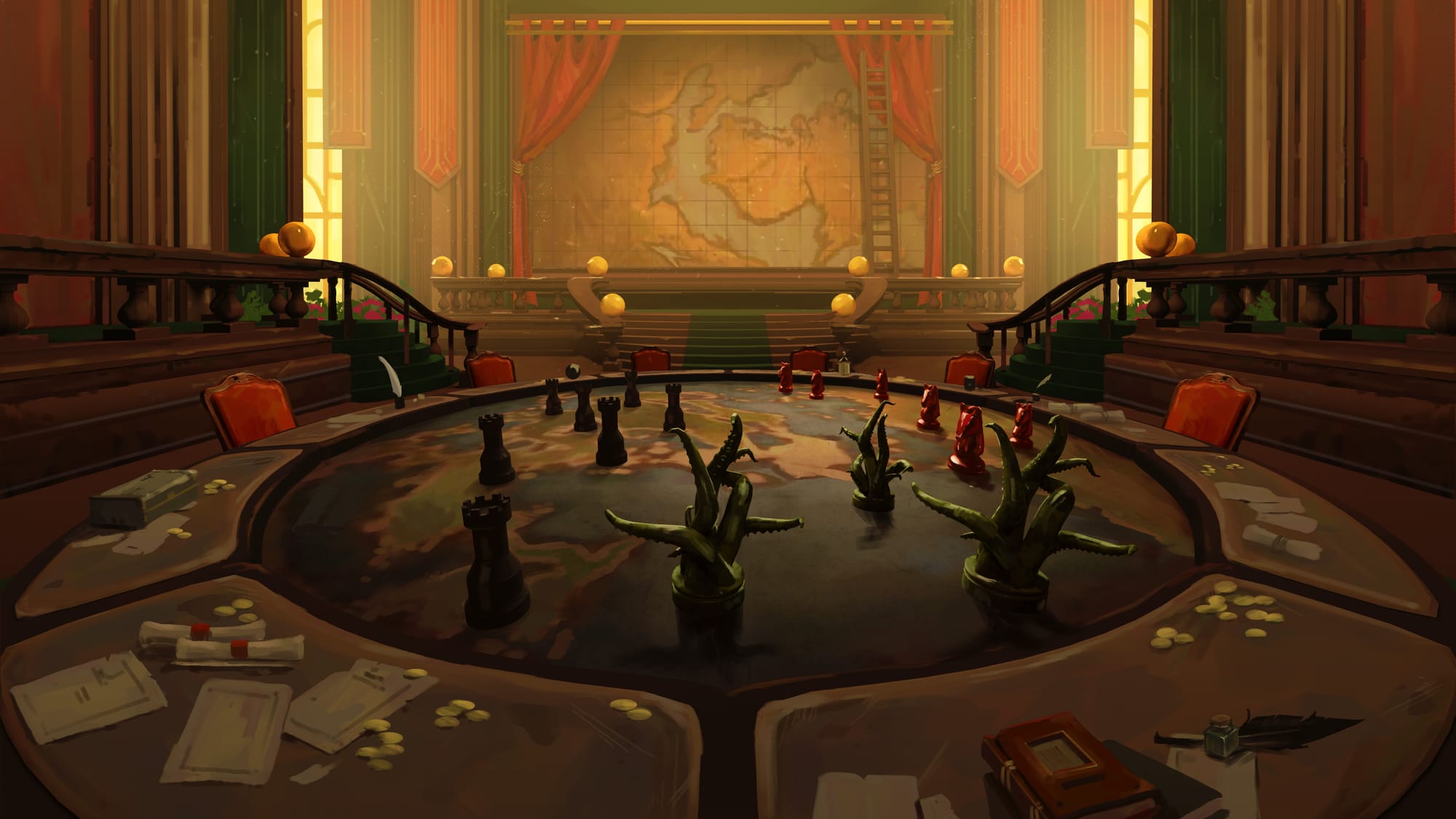 View from the large central strategy table covered in small army figurines.