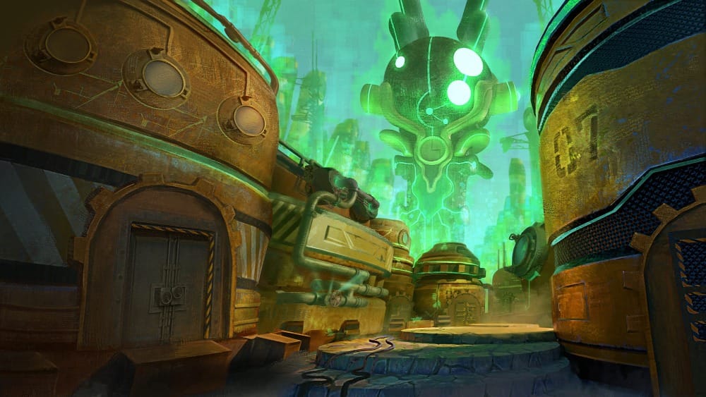 An industrial plaza of metal buildings and glowing structures. In the distance, a giant glowing machine rises from the city center.