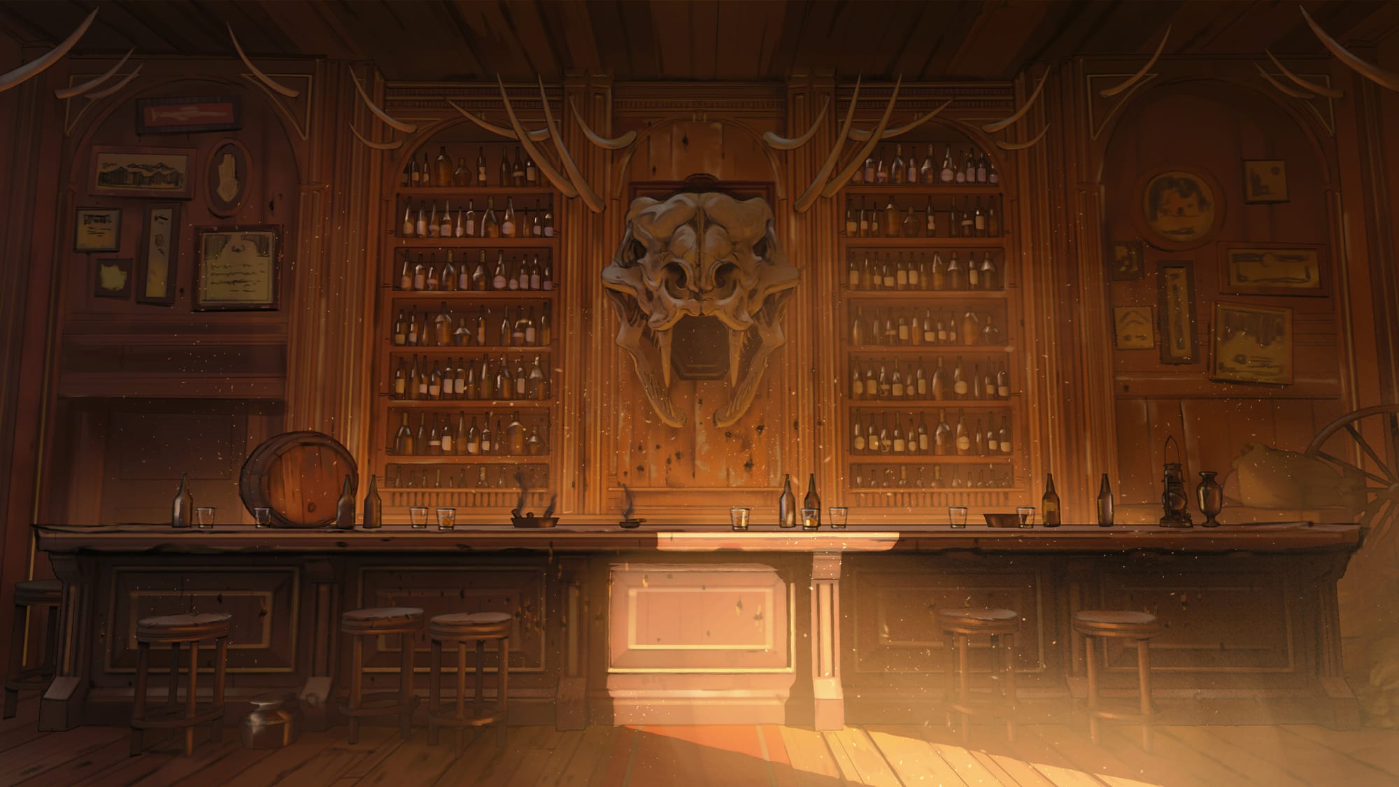 Illustrated view of the bar counter of a desert saloon. Numerous bottles fill tall shelves, and posters and paintings line the walls. A large carnivorous skull is mounted over the bar counter.