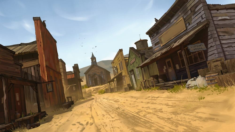Illustrated street view of a dusty desert town under a bright cloudless sky. Wooden storefronts line the sandy streets.