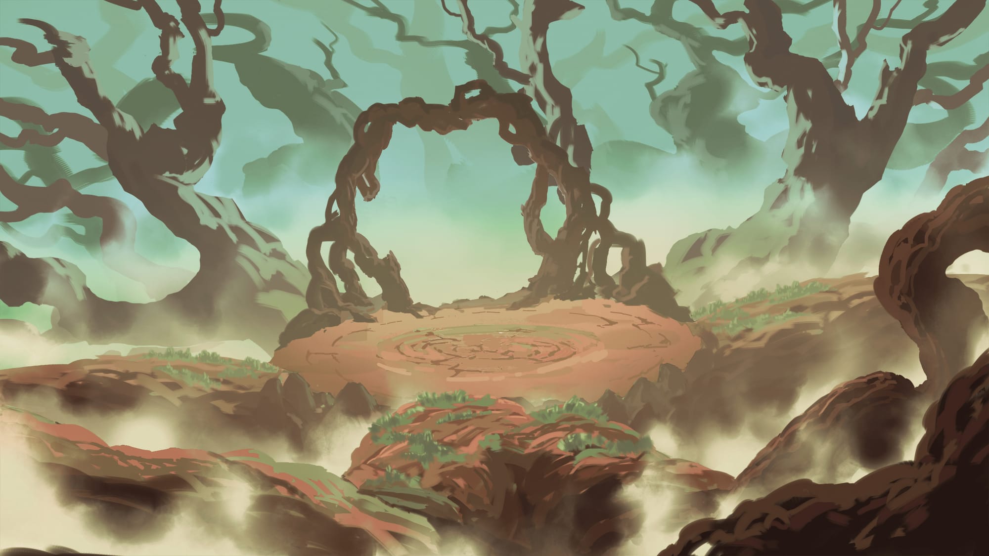 A massive ancient tree stump seen from afar, with thick branches framing the trunk.