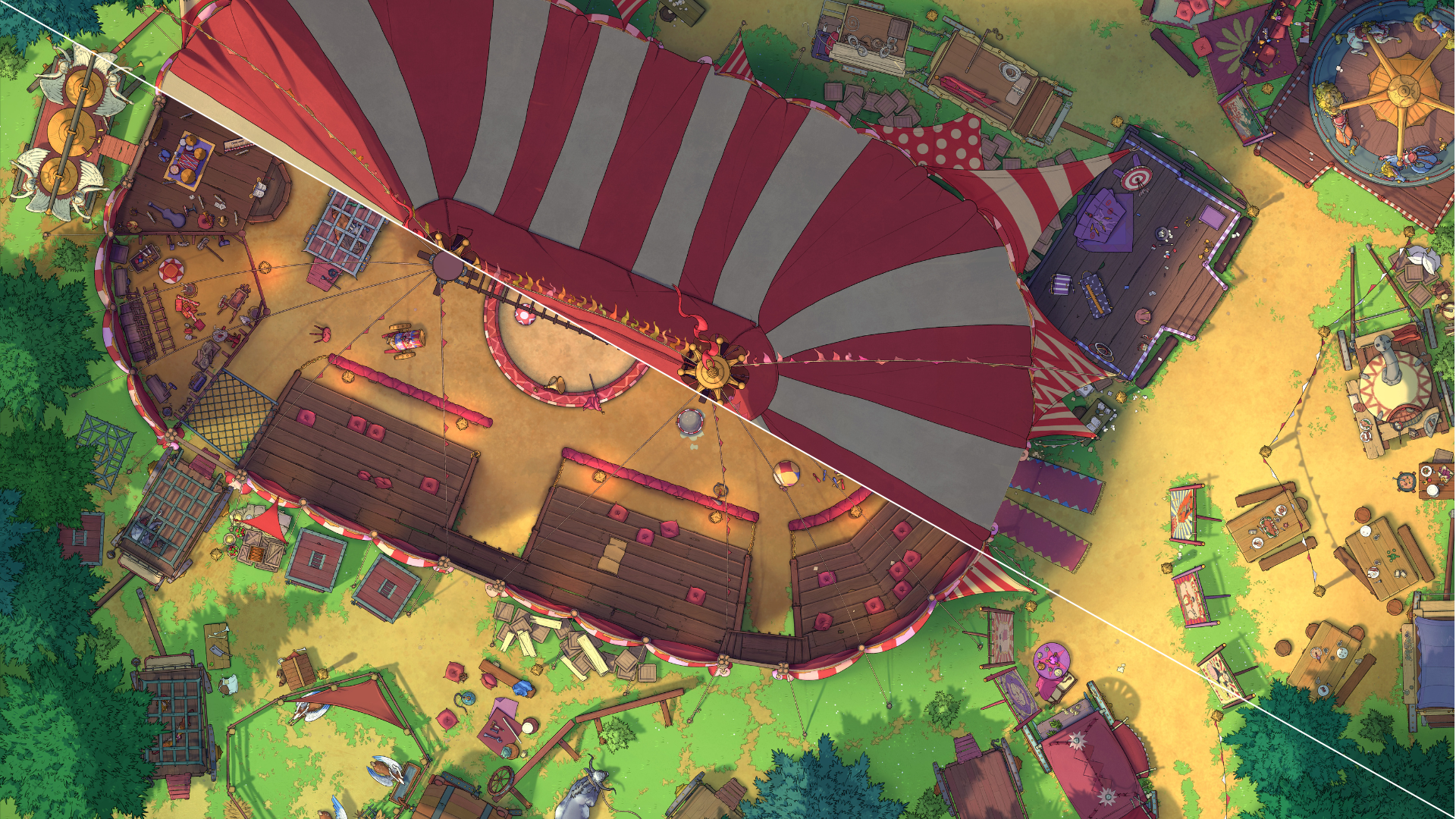 Top-down view of a large circus tent surrounded by carnival stalls, wagons, benches, tables, balloons, and festival decorations. The image is divided diagonally in half, with one half showing the interior of the circus tent.
