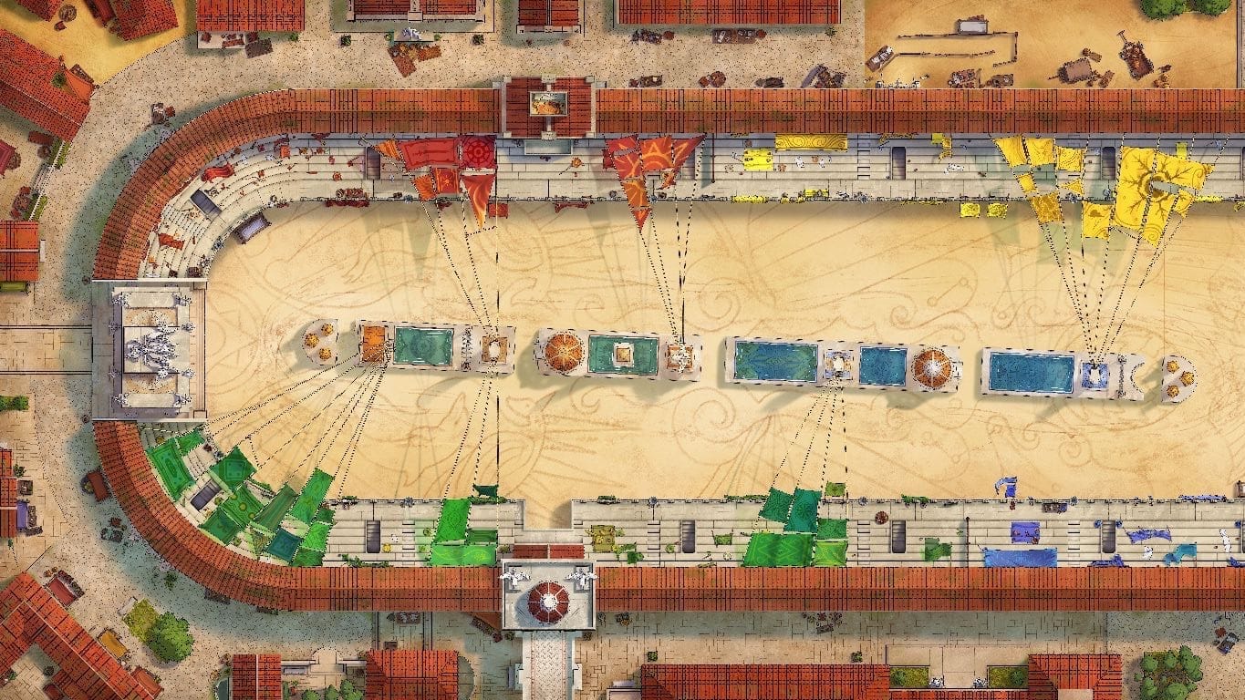 A massive hippodrome arena with long chariot racing lanes, colorful banners and awnings in red, green, blue, and yellow, as well as tiered spectator stands and a central barrier lined with statues and fountains.