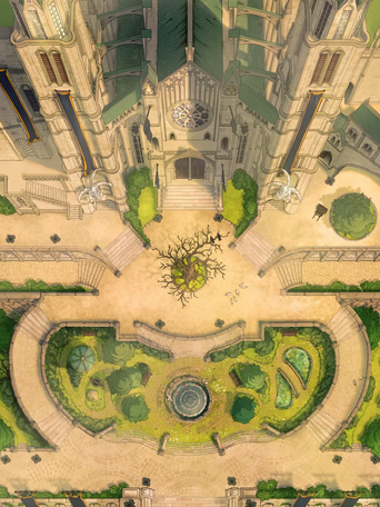 Top-down view of a grand cathedral courtyard with trimmed greenery and a long stone bridge. The cathedral comprises tall spired green towers and white marble walls.