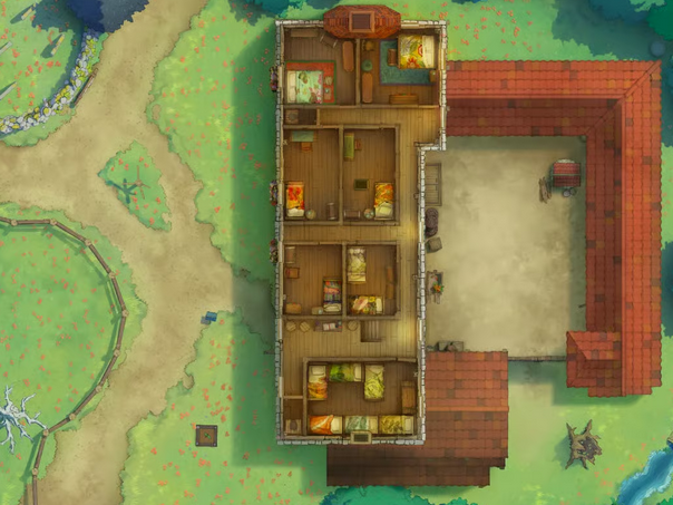 Top-down view of the same coaching house as above, showing the upstairs level filled with furnished guest rooms.