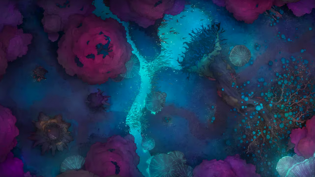 Top-down view of a deep forest with pink-leaved trees, a fallen trunk covered in blue mushrooms, and a bright blue stream running through the woodland floor.