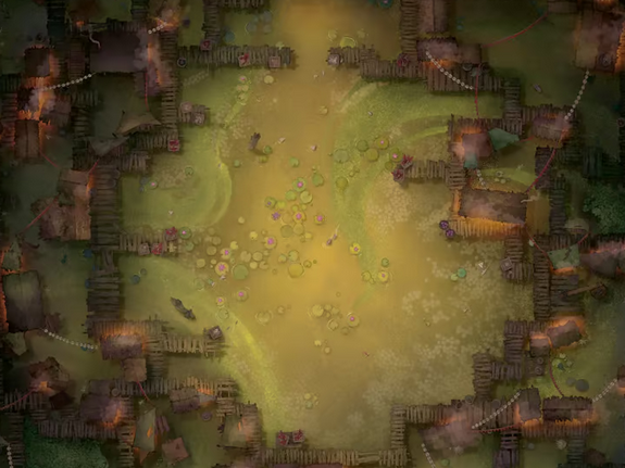 Top-down view of a swamp village built on wooden platforms over murky green water, connected by crooked bridges, clustered huts, and strings of pennants.