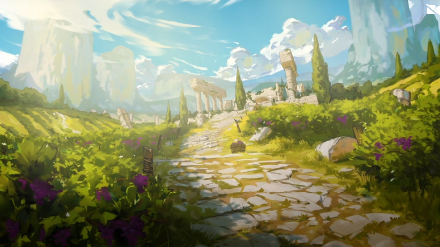 Scenic illustration of a vineyard path leading through sprawling grape fields toward the aforementioned tavern, framed by marble ruins and bright sunlight.
