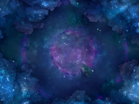 Top-down view of an enchanted forest clearing with a small glowing ring of magenta toadstools in the center and a larger ring of glowing purple toadstools around the outer edge.