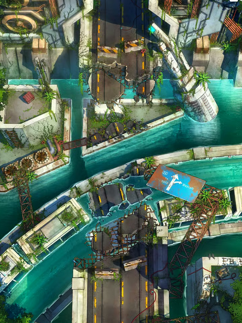 Top-down view of a ruined modern city overtaken by nature, with submerged streets, crumbling roads, and fallen signs and railings forming makeshift paths through the overgrown ruins