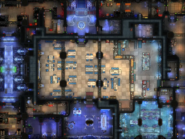Top-down view of an enormous spaceship interior. In the center is a large canteen with bright lighting and several tables. Smaller surrounding rooms contain pods, beds, laboratories, meeting areas, and a large kitchen.