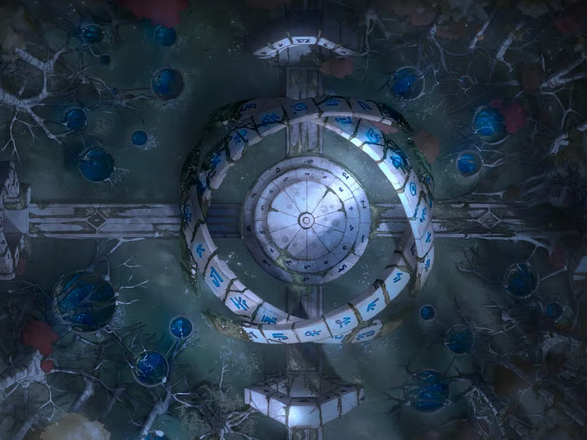 Top-down view of a radian celestial ruin deep in the forest, with towering arched structures, a circular central dais, shimmering pools of magic, and glowing runic symbols etched into the stone.
